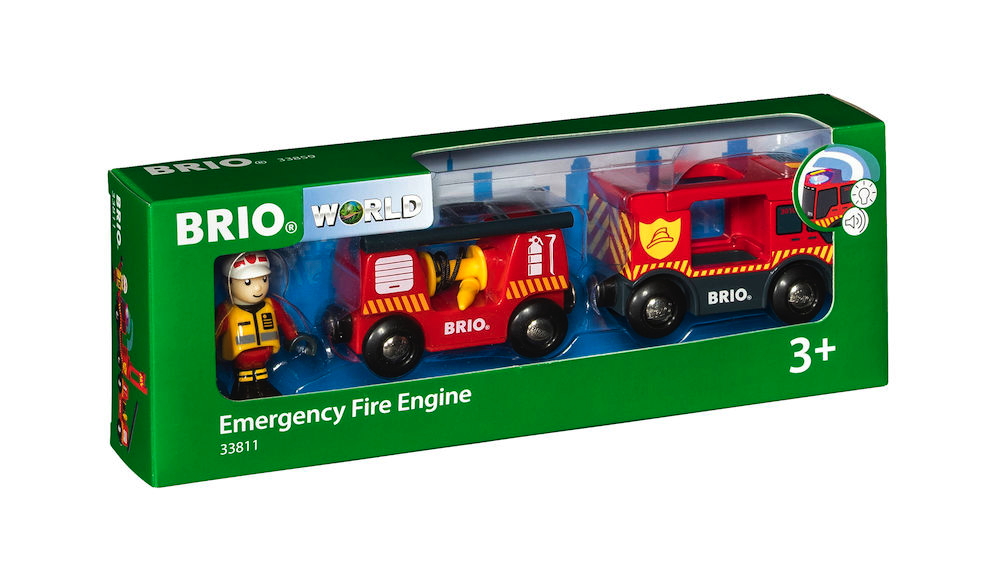 Brio World Eisenbahn Fahrzeug Feuerwehr Leiterfahrzeug mit Licht und Sound 3 Teile 33811