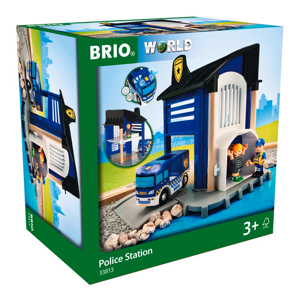 Brio World Eisenbahn Gebäude Polizeistation mit Einsatzfahrzeug 6 Teile 33813