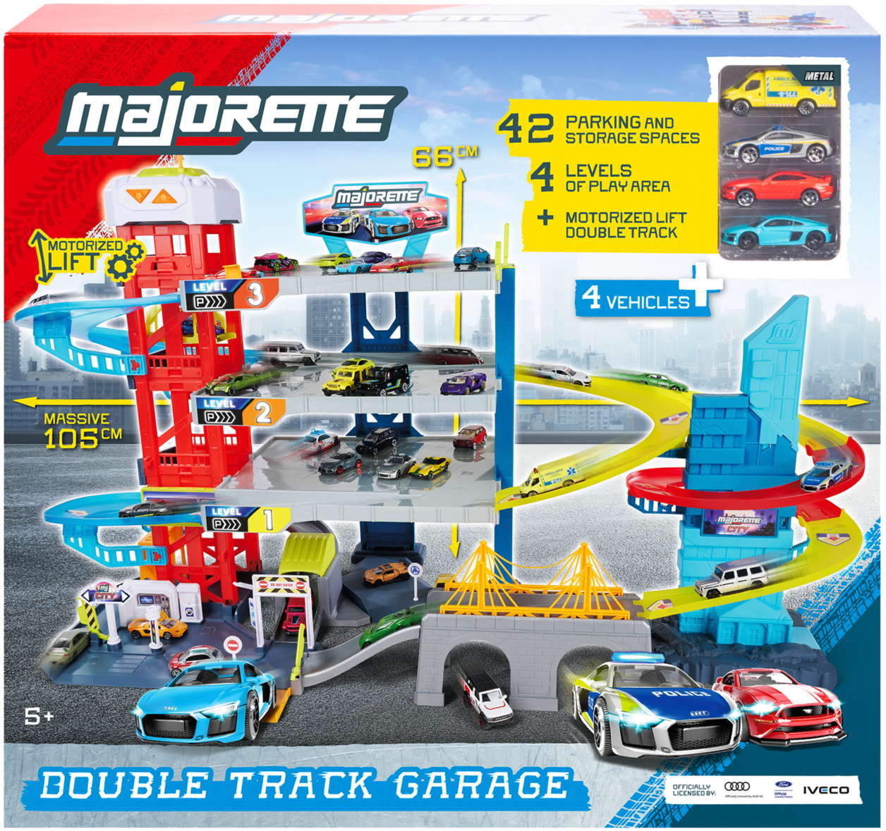 Majorette Spielwelt Spielzeugauto Parkhaus Double Track Garage + 4 Fahrzeuge 7,5 cm 8502009002