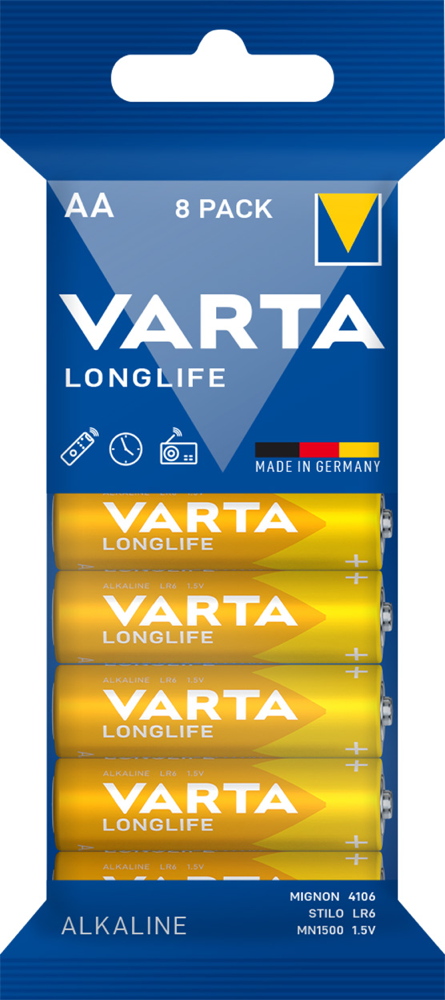 8 Varta 4106 Longlife AA / Mignon Alkaline Batterien in 8er Folie