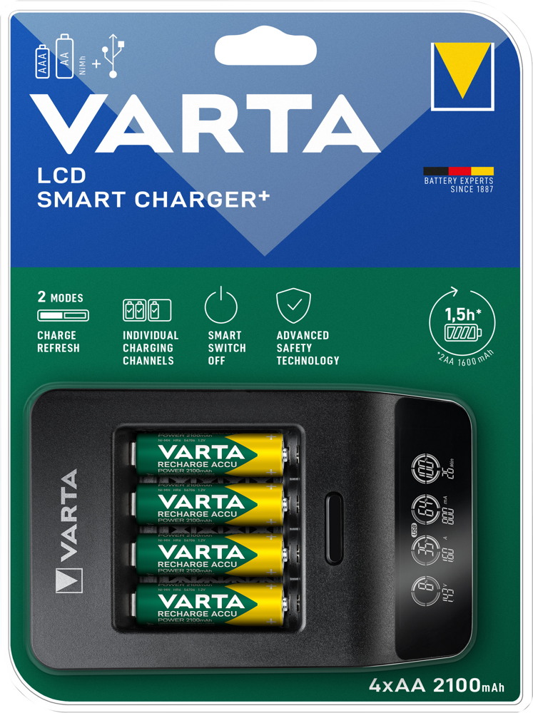 Varta Akku Ladegerät LCD Smart Charger+USB OUT 4x AA 2100mAh für AA / AAA 57684