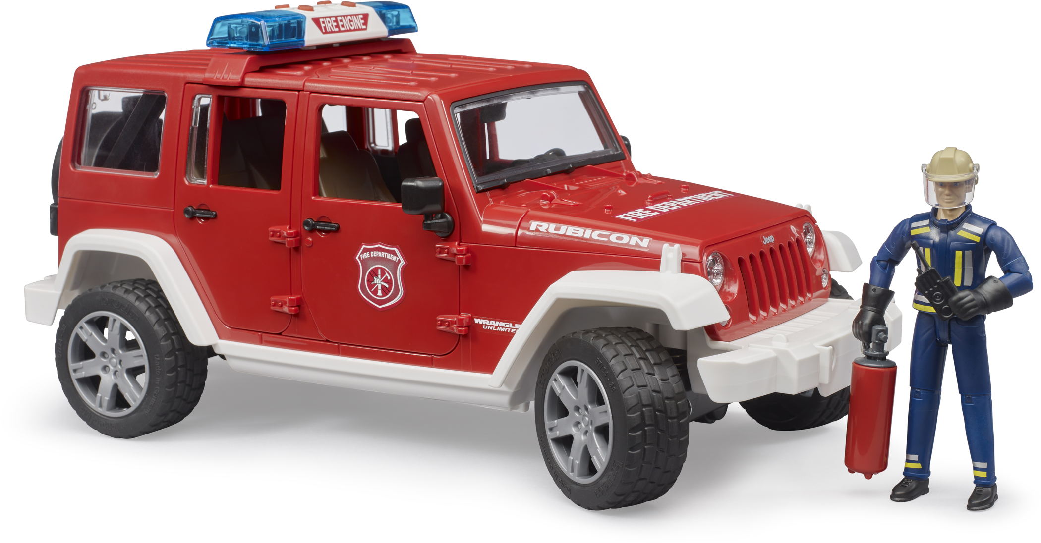 Bruder Spielfahrzeug Polizei Jeep Wrangler RubiconUnlimited Feuerwehr-Einsatzfzg + Figur 02528