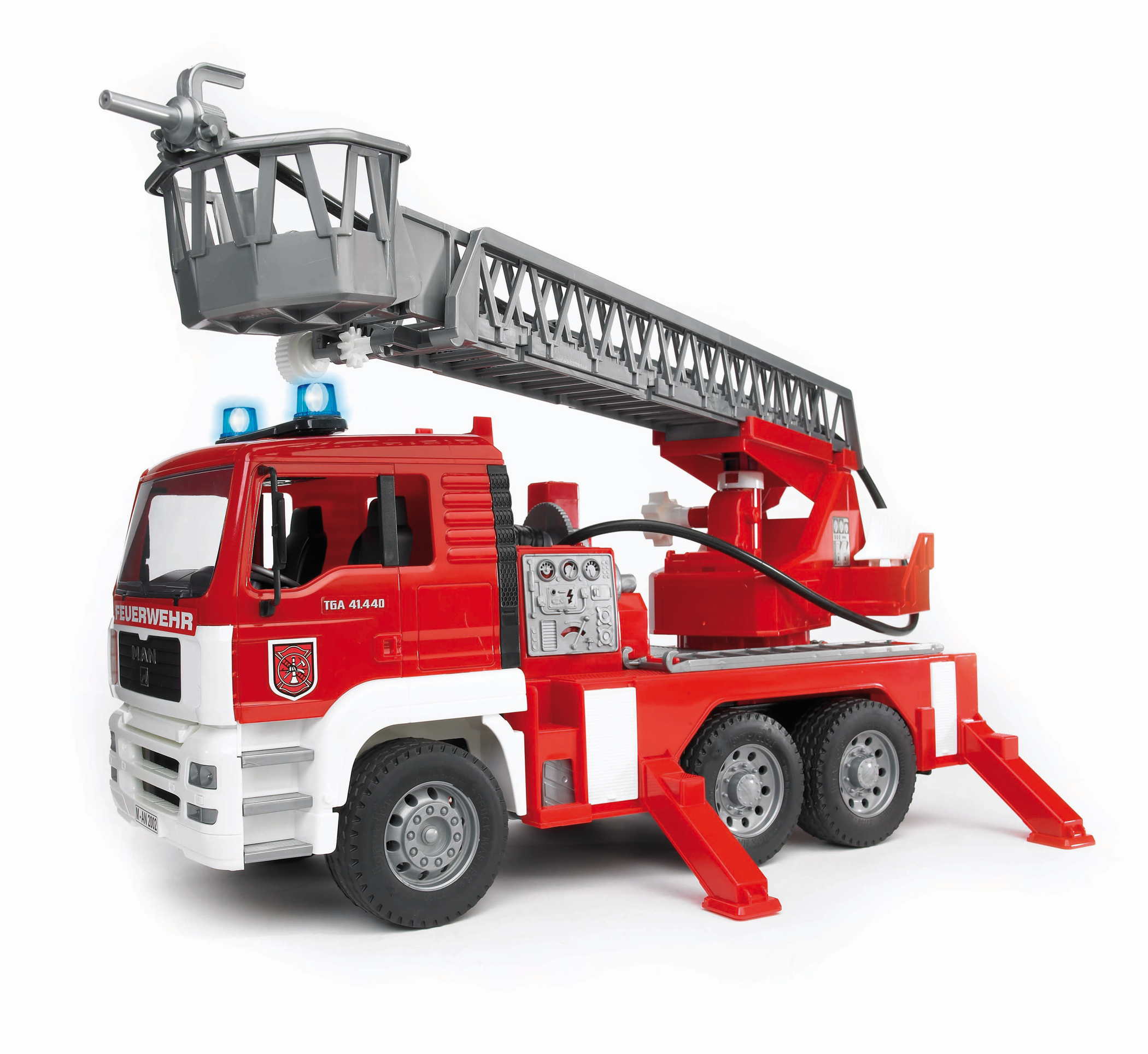 Bruder Spielfahrzeug Feuerwehr MAN TGA Feuerwehr Drehleiter Wasserpumpe und L+S Modul 02771
