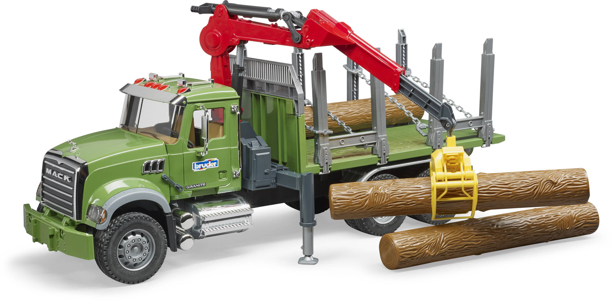 Bruder Spielfahrzeug MACK Granite Holztransport-LKW Ladekran, Greifer, 3 Baumstämme 02824