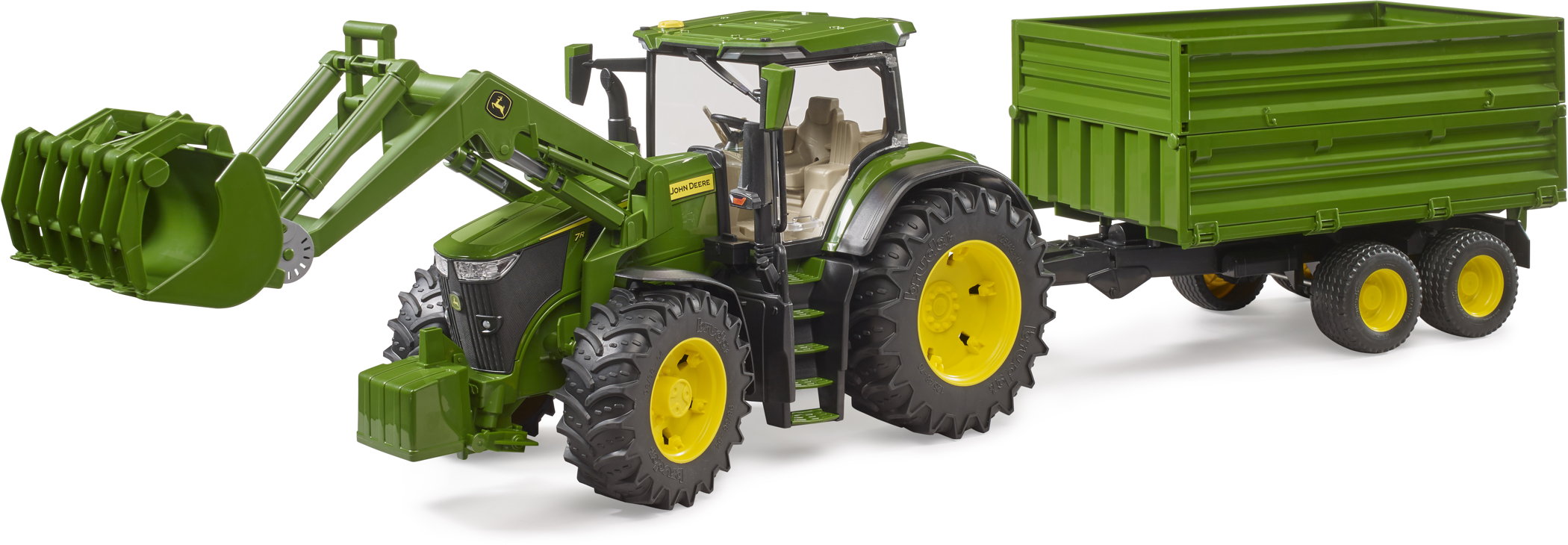 Bruder Spielfahrzeug Traktor John Deere 7R 350, Frontlader + Tandemachstransportanhänger 03155