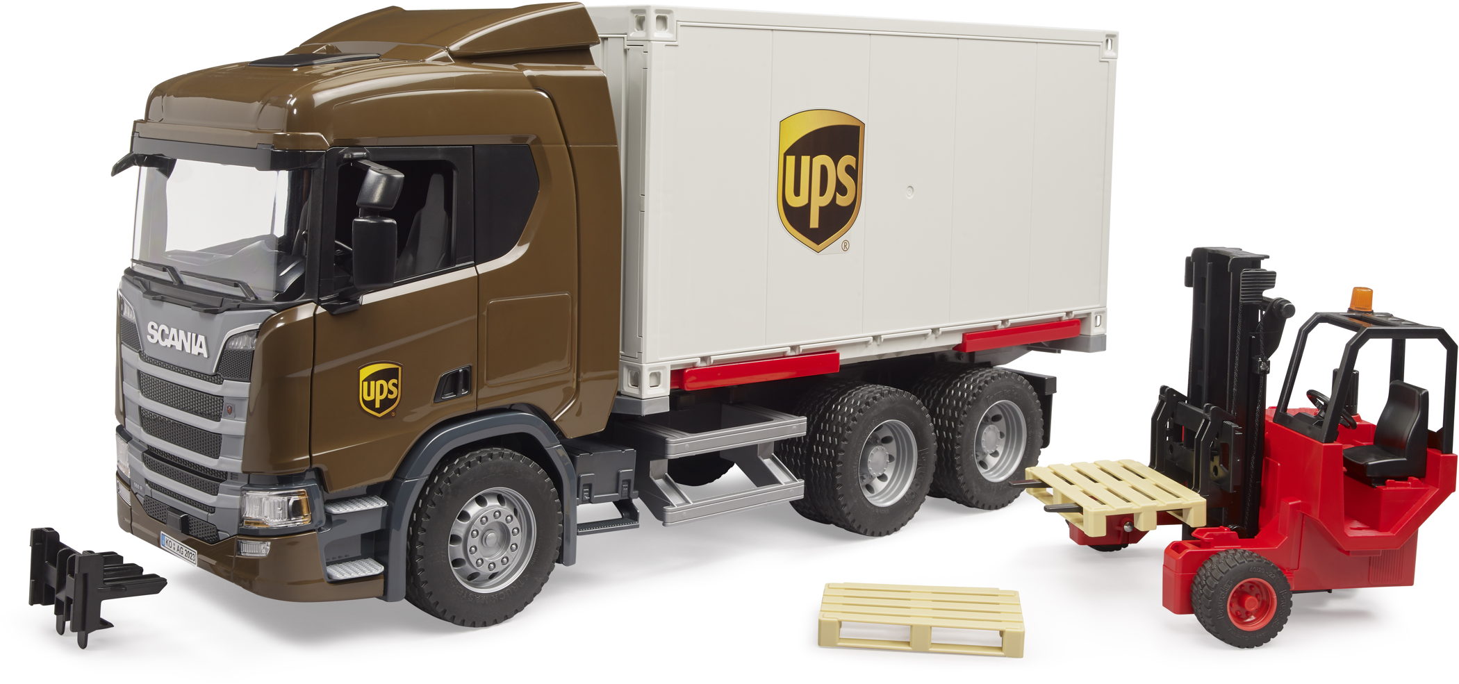Bruder Spielfahrzeug Nutzfahrzeug LKW Scania Super 560R UPS Logistik LKW mit Mitnahmestapler 03582