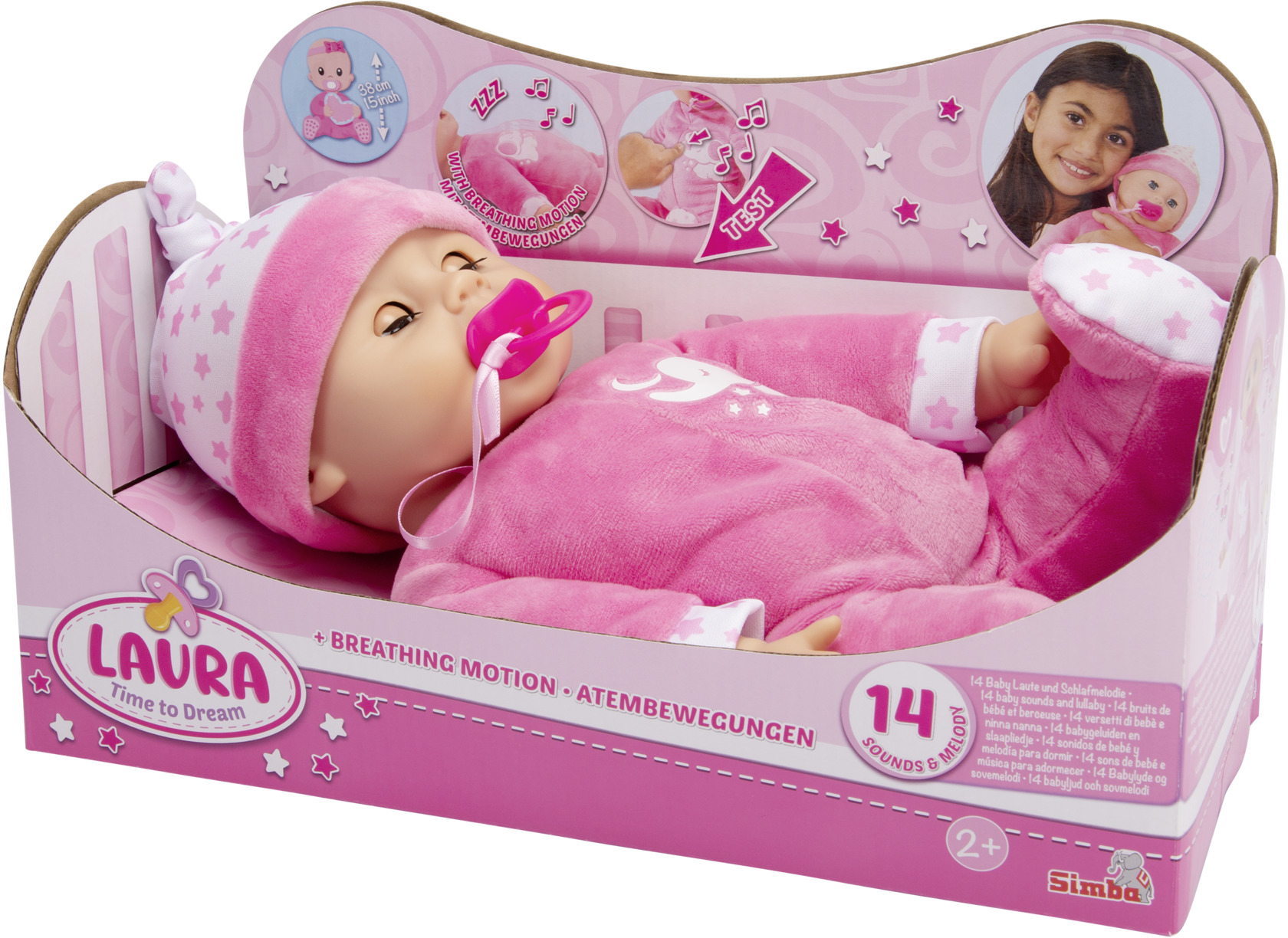 Simba Puppe Babypuppe Laura Schlummerzeit Atembewegungen macht 14 Babylaute 105140501