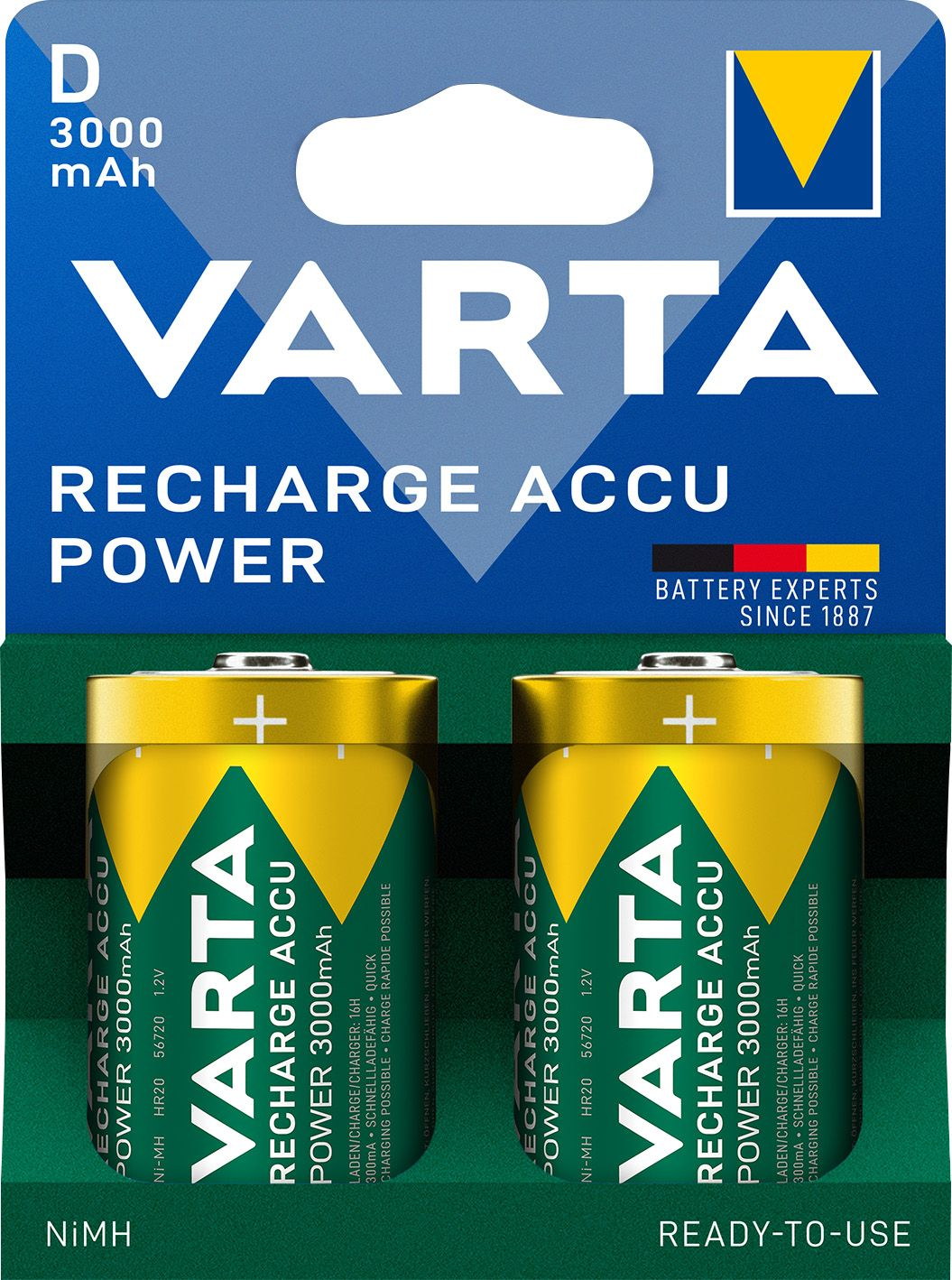 10 Varta 56720 Akku D 3000mAh Recharge Accu Power NiMH im 2er Blister