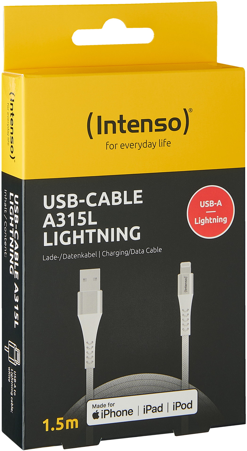 Intenso USB Kabel A315L Typ A - Lightning Nylon 1,5m max. 60W wei�