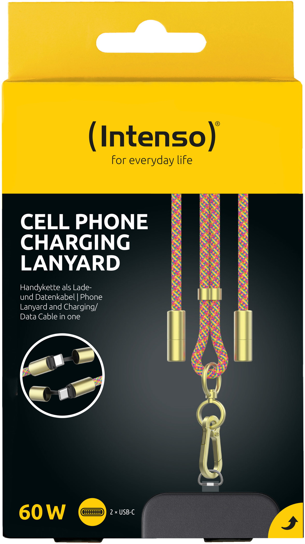 Intenso Cell Phone Charging Lanyard Handykette als Ladekabel Datenkabel 2 x USB-C bis 1,65m neon mix
