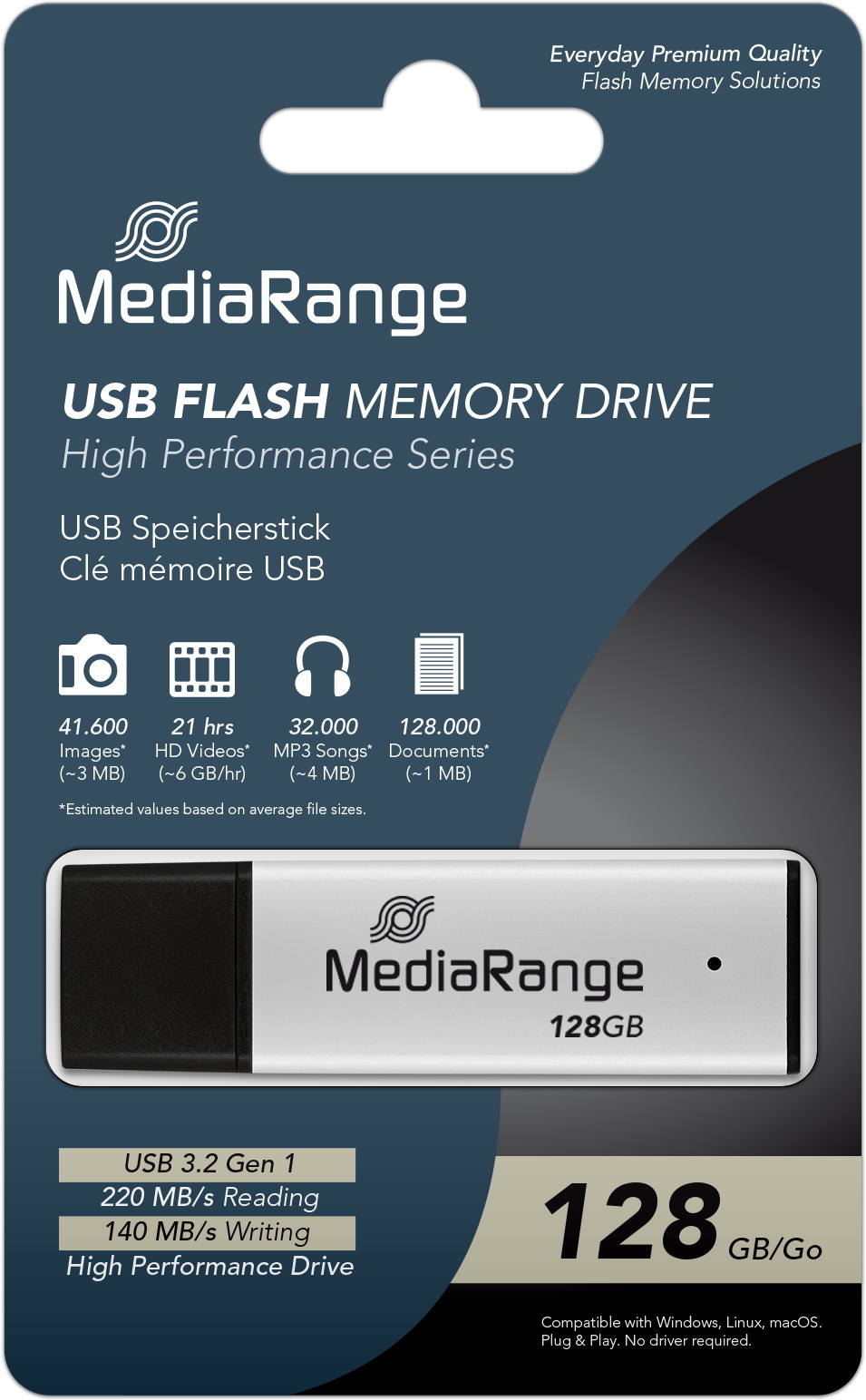 Mediarange USB Stick 128GB Speicherstick High Performance silber USB 3.2 Gen 1