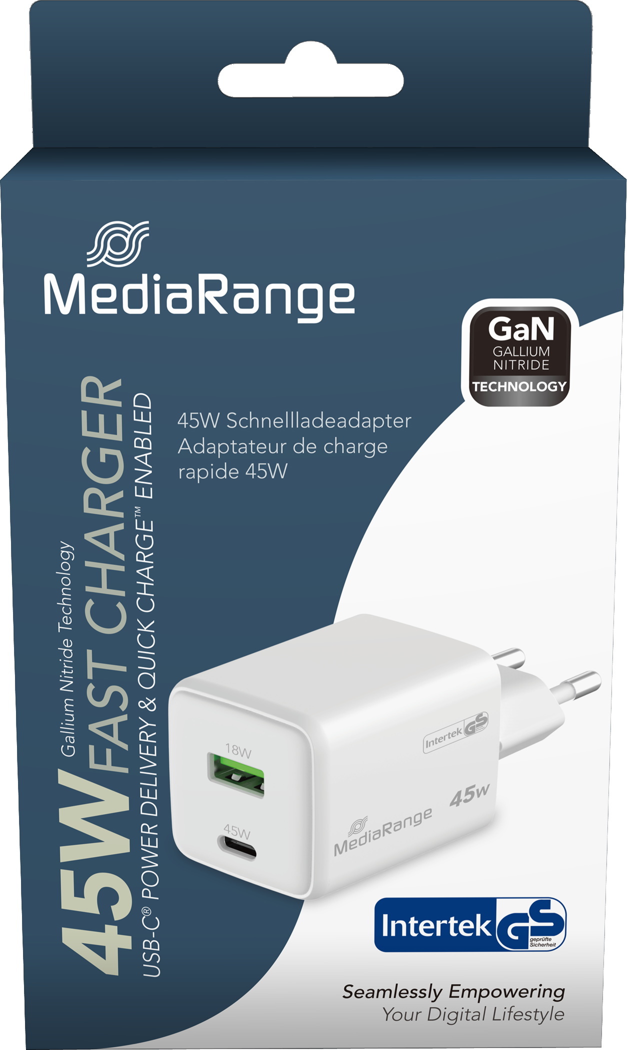 Mediarange Ladegerät Power Adapter 45 Watt GaN 1x USB-A + 1x USB-C für 2 Geräte weiß