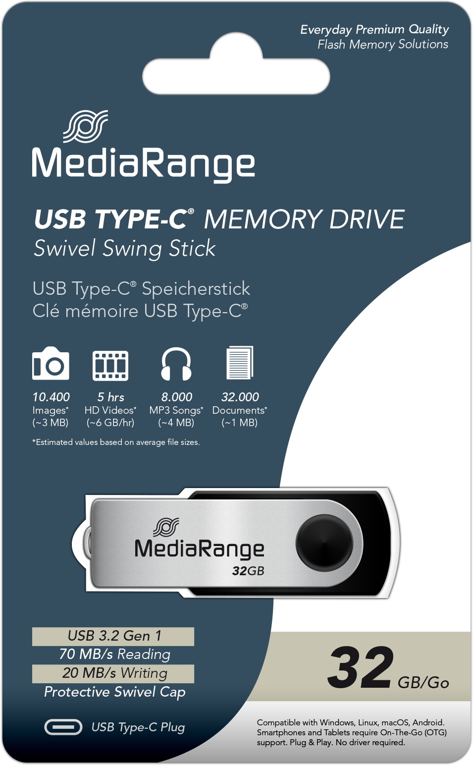 Mediarange USB Stick 32GB Speicherstick silber Typ C USB 3.2 Gen 1