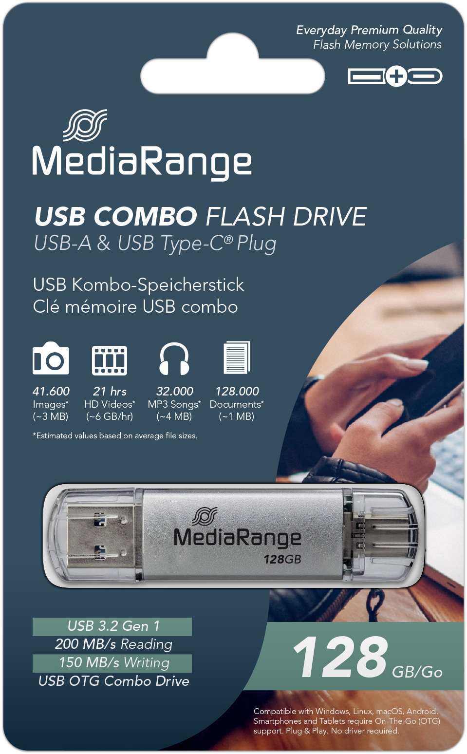 Mediarange USB Stick 128GB Speicherstick Combo silber USB 3.2 Gen 1 USB-A / USB-C