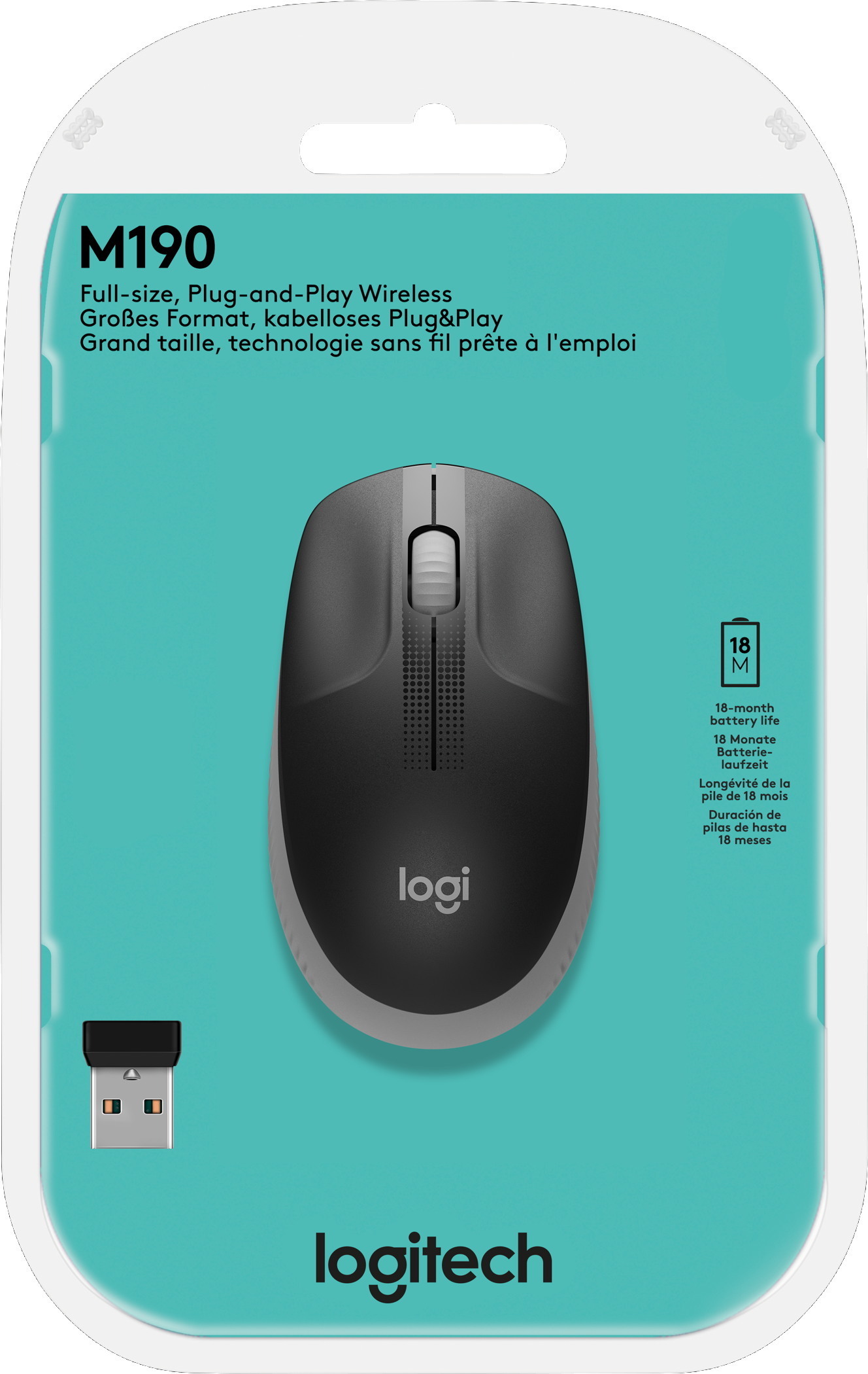 Logitech Maus M190 optisch Wireless kabellos 3 Tasten 1000 dpi grau 910-005906