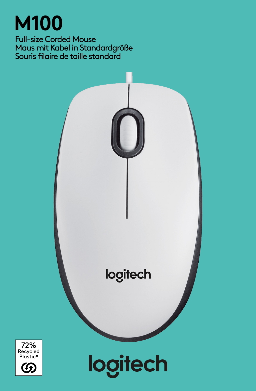 Logitech Maus M100 optisch mit Kabel 3 Tasten 1000 dpi weiß 910-006764