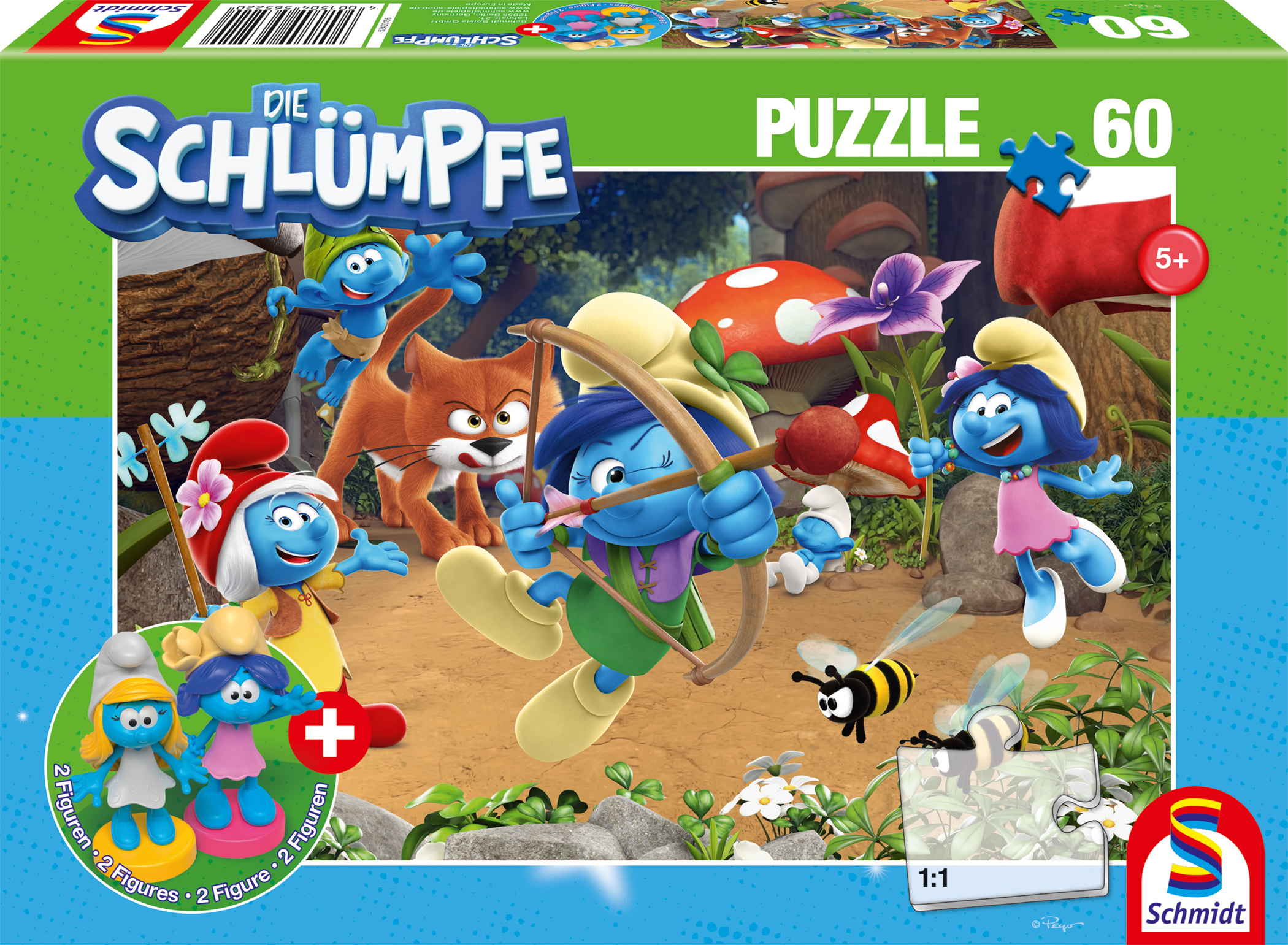 60 Teile Schmidt Spiele Kinder Puzzle Die Schl�mpfe Azrael in Schlumpfhausen + 2 Figuren 56522
