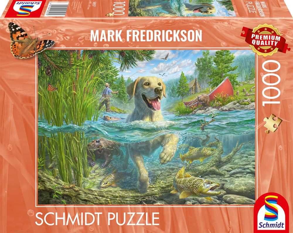1000 Teile Schmidt Spiele Puzzle Mark Frederickson Hundeliebe, gelber Labrador auf Fischjagd 58557