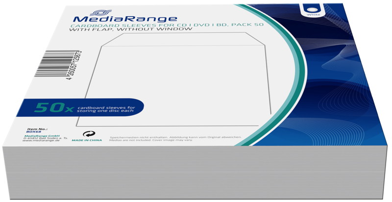 50 Mediarange Papiertaschen Karton ohne Fenster f�r je 1 BD / CD / DVD wei�