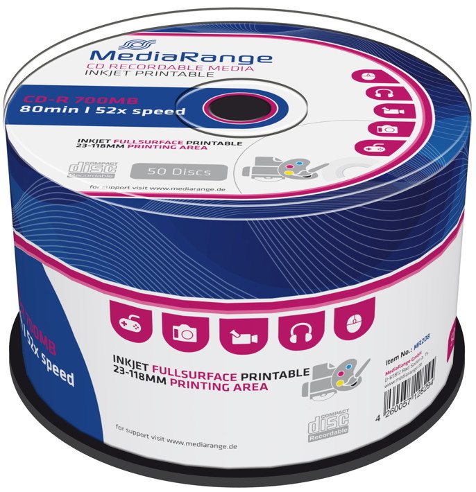 50 Mediarange Rohlinge CD-R full printable 80Min 700MB 52x Spindel