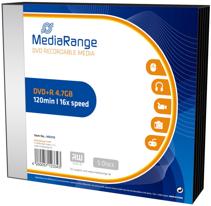 5 Mediarange Rohlinge DVD+R 4,7GB 16x Slimcase