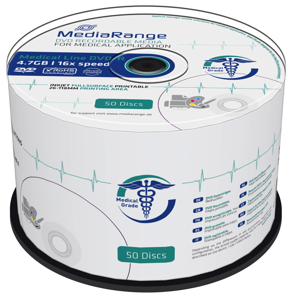 50 Mediarange Rohlinge DVD-R full printable Medical Line 4,7GB 16x Spindel