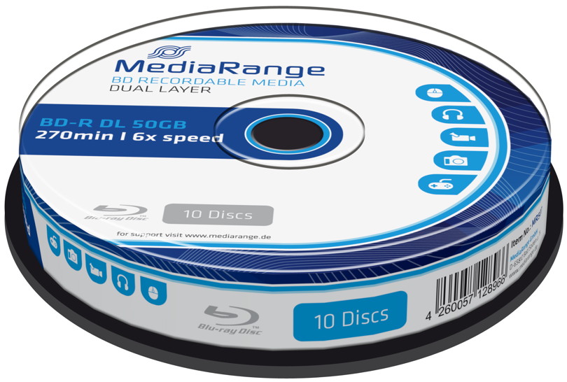 10 Mediarange Rohlinge Blu-ray BD-R Dual Layer 50GB 6x Spindel