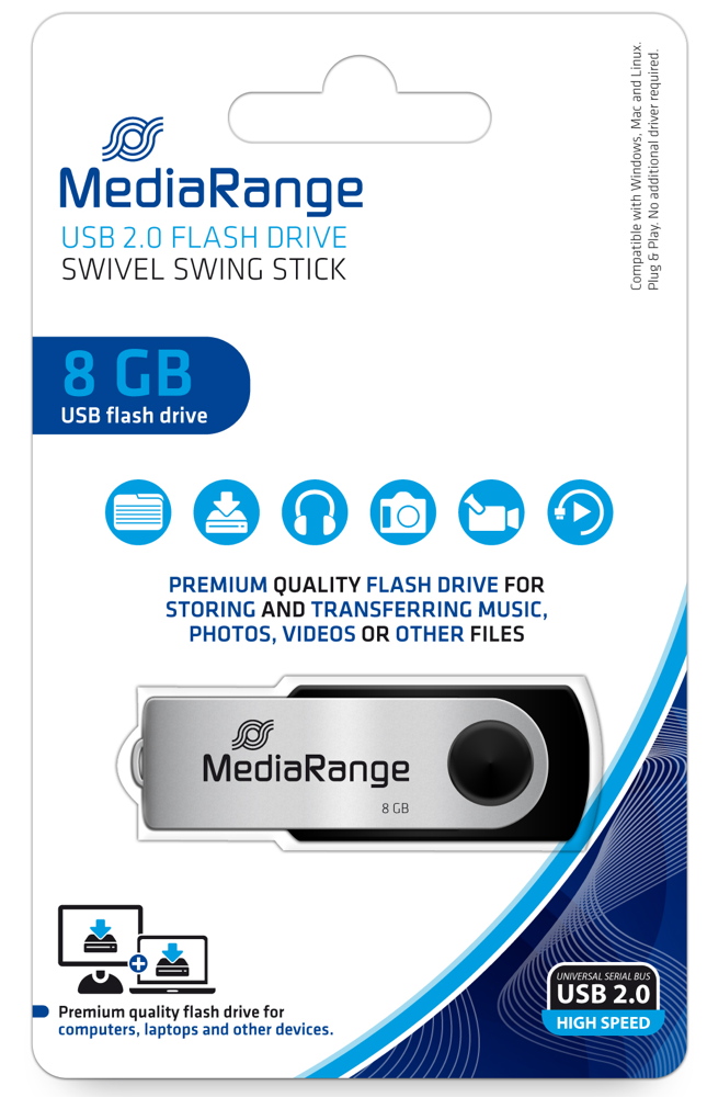 Mediarange USB Stick 8GB Speicherstick Swivel Swing silber