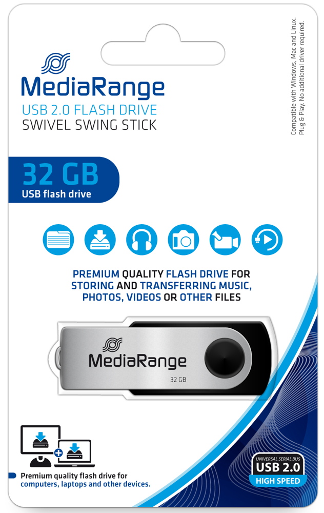 Mediarange USB Stick 32GB Speicherstick Swivel Swing silber