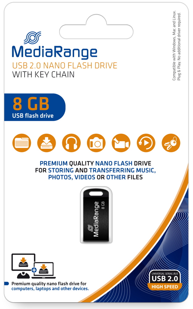 Mediarange USB Stick 8GB Speicherstick Nano inkl. Schl�sselanh�nger schwarz