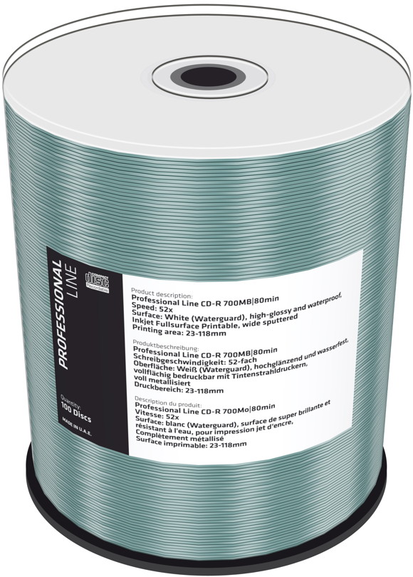 100 Professional Rohlinge CD-R full printable waterguard glossy 80Min 700MB 52x Spindel