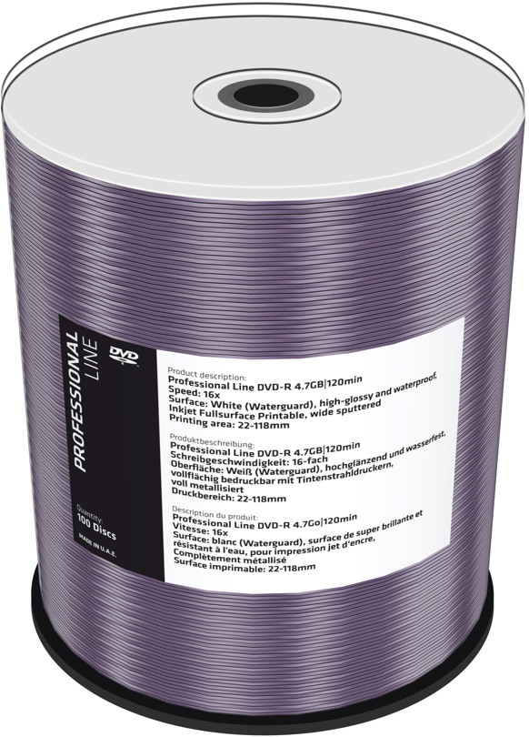 100 Professional Rohlinge DVD-R full printable waterguard glossy 4,7GB 16x Spindel