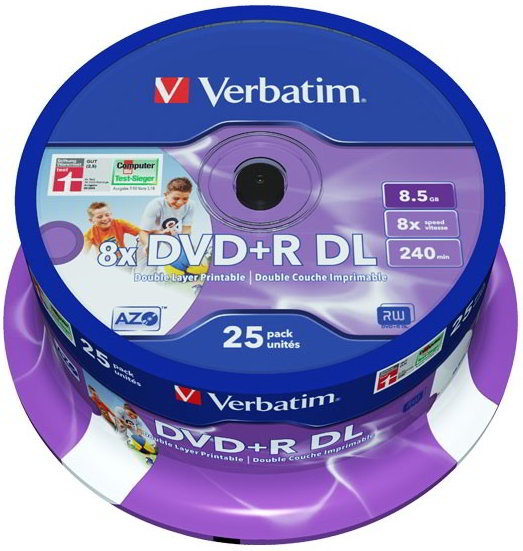 25 Verbatim Rohlinge DVD+R Double Layer full printable 8,5GB 8x Spindel
